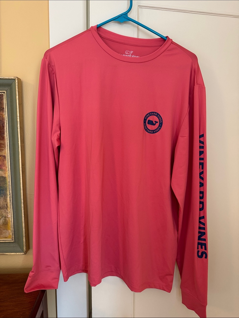 Vineyard Vines Coral Pink Long-Sleeve Logo Tee with Navy Accents